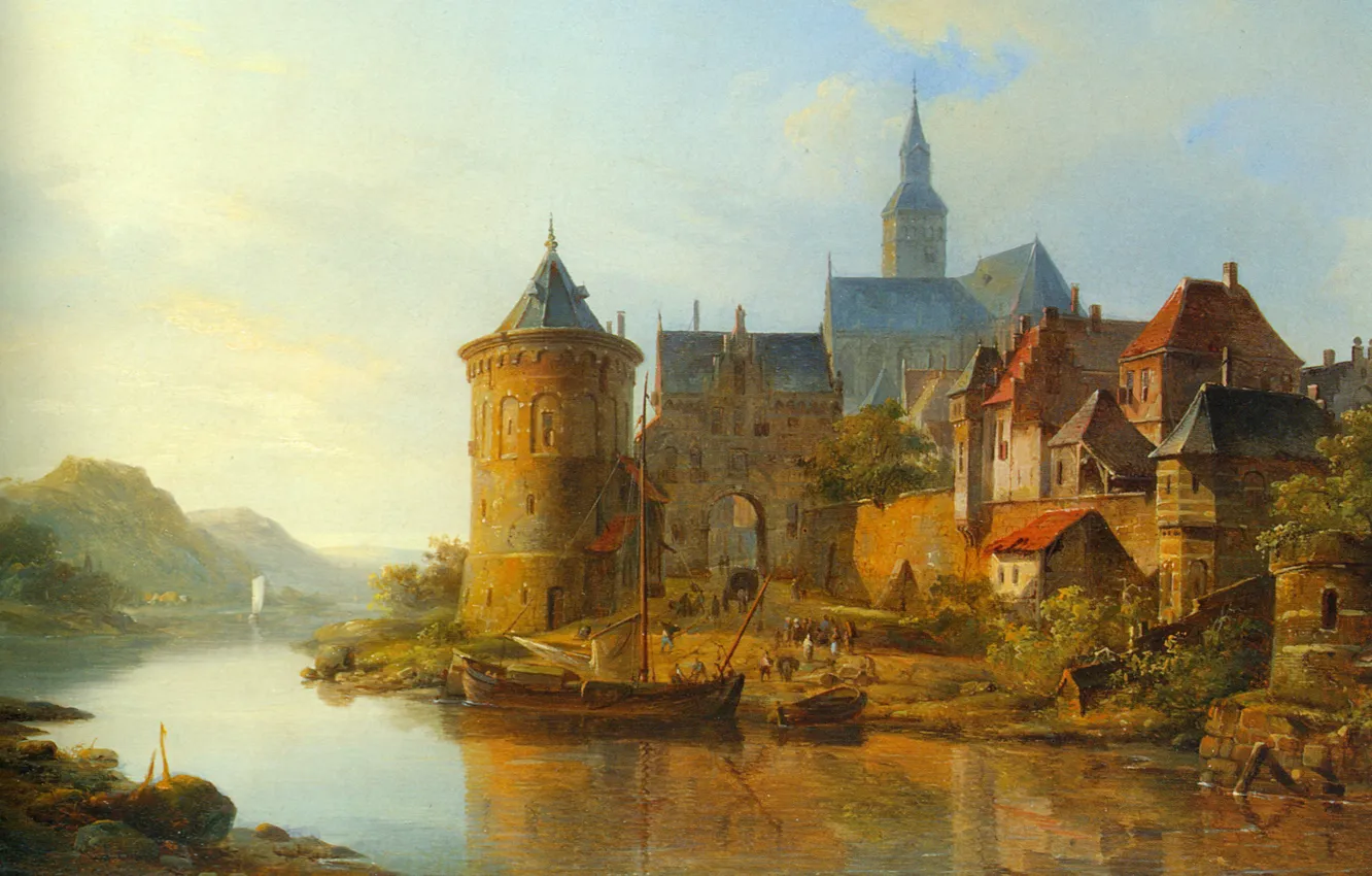 Фото обои картина, живопись, painting, 1841, Cornelis Springer, A View of a Town along the Rhine