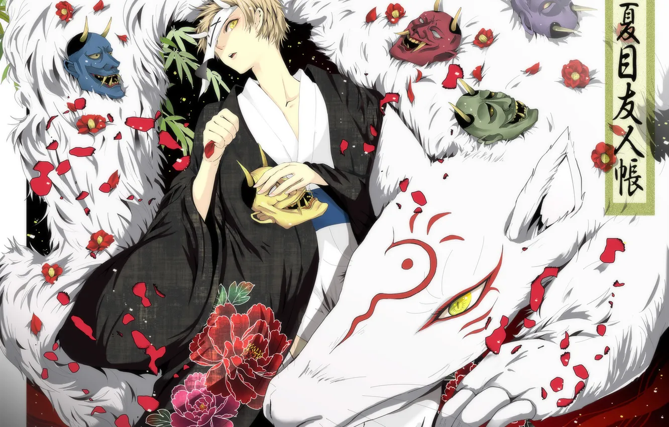 Фото обои цветы, аниме, лепестки, демон, арт, лица, рога, парень