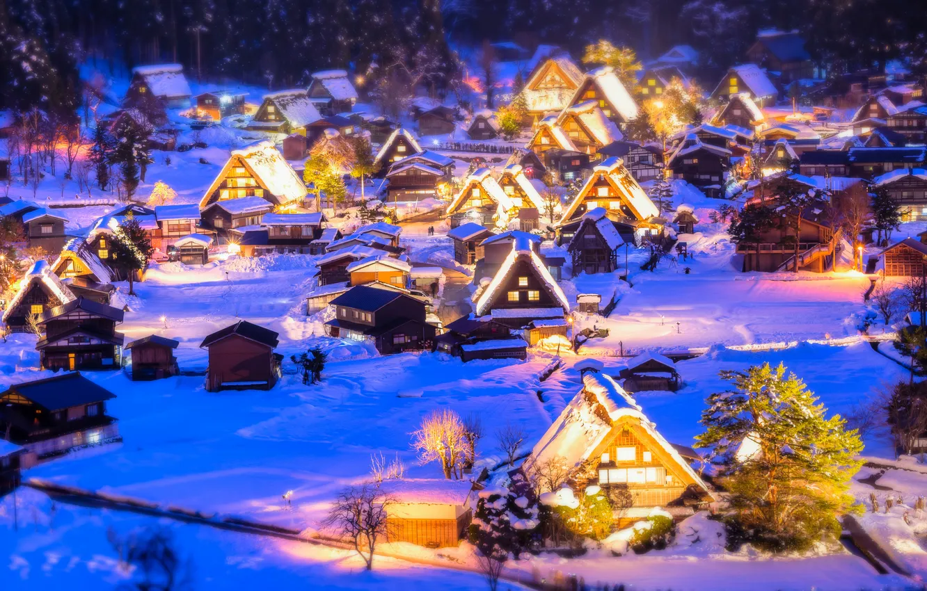Фото обои зима, снег, ночь, огни, дома, Япония, долина, остров Хонсю