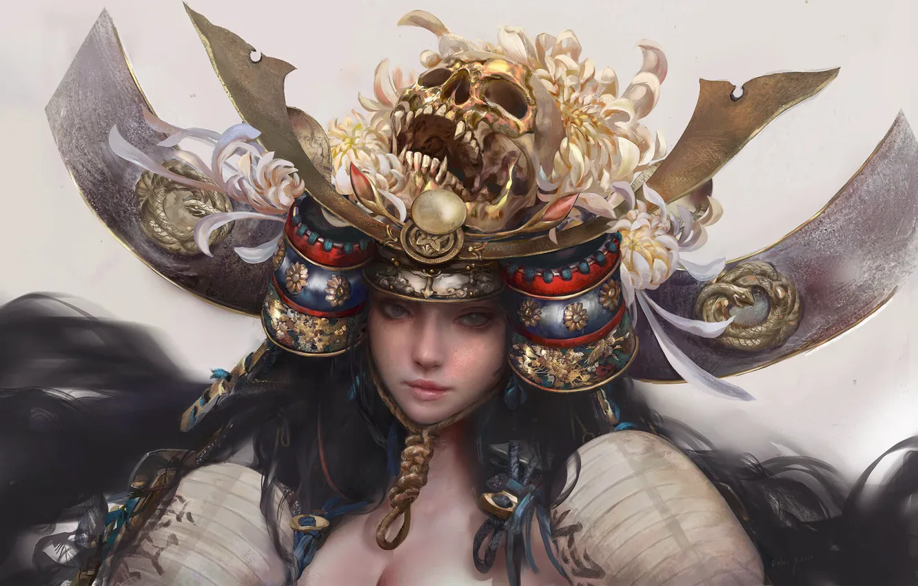 Фото обои череп, шлем, серый фон, длинные волосы, японская одежда, хризантемы, samurai, женщина-воин