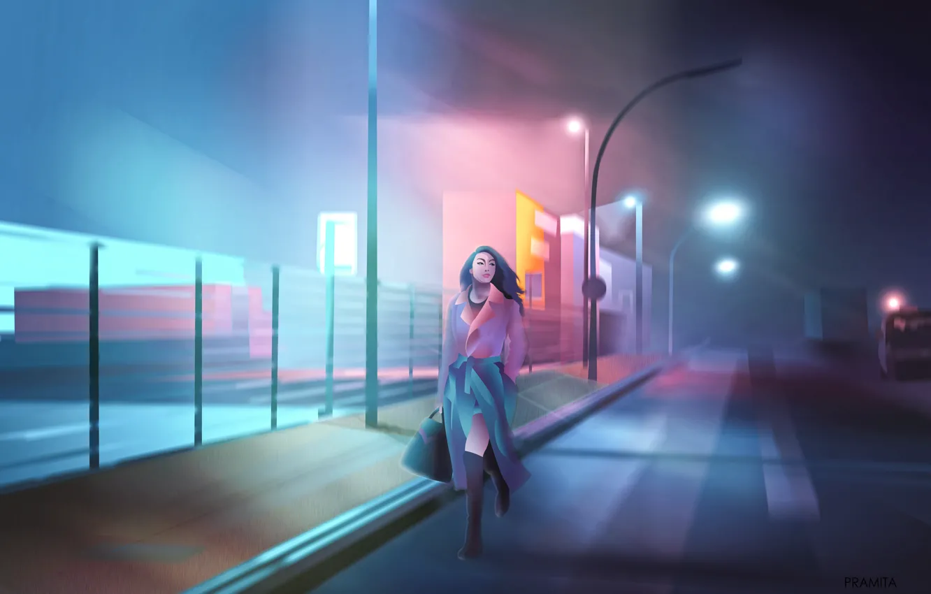 Фото обои city, girl, alone, cyberpunk, painting, digital art, illustration, backgroud
