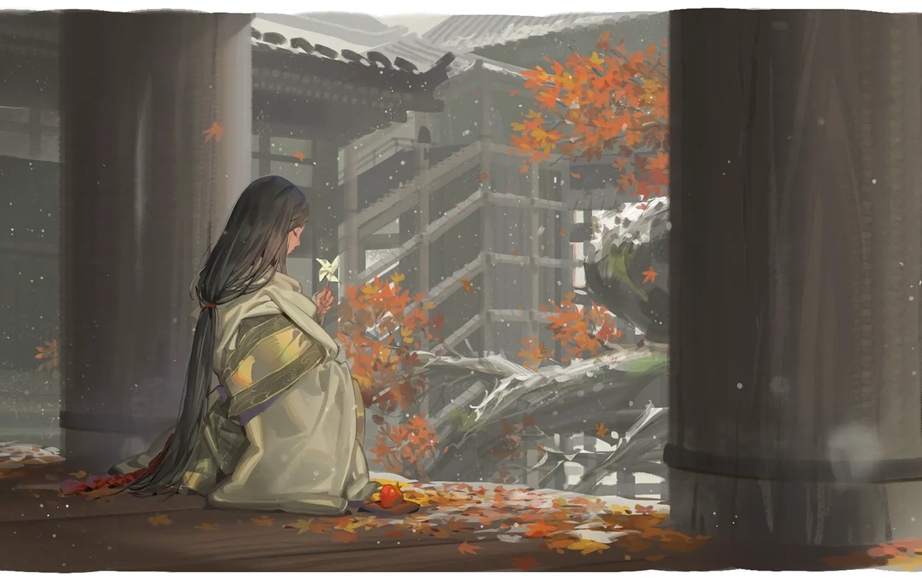 Фото обои осень, девушка, снег, веранда, хурма, ветерок, Sekiro: Shadows Die Twice, Divine Child of Rejuvenation