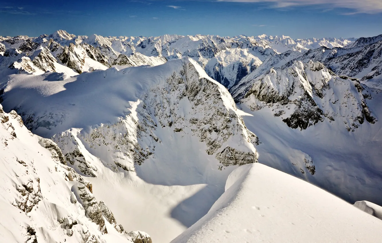 Фото обои снег, горы, вершины, вид сверху, гряда
