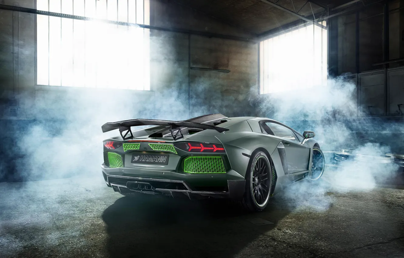 Фото обои Lamborghini, Green, Smoke, LP700-4, Aventador, 2014, Limited, Rear
