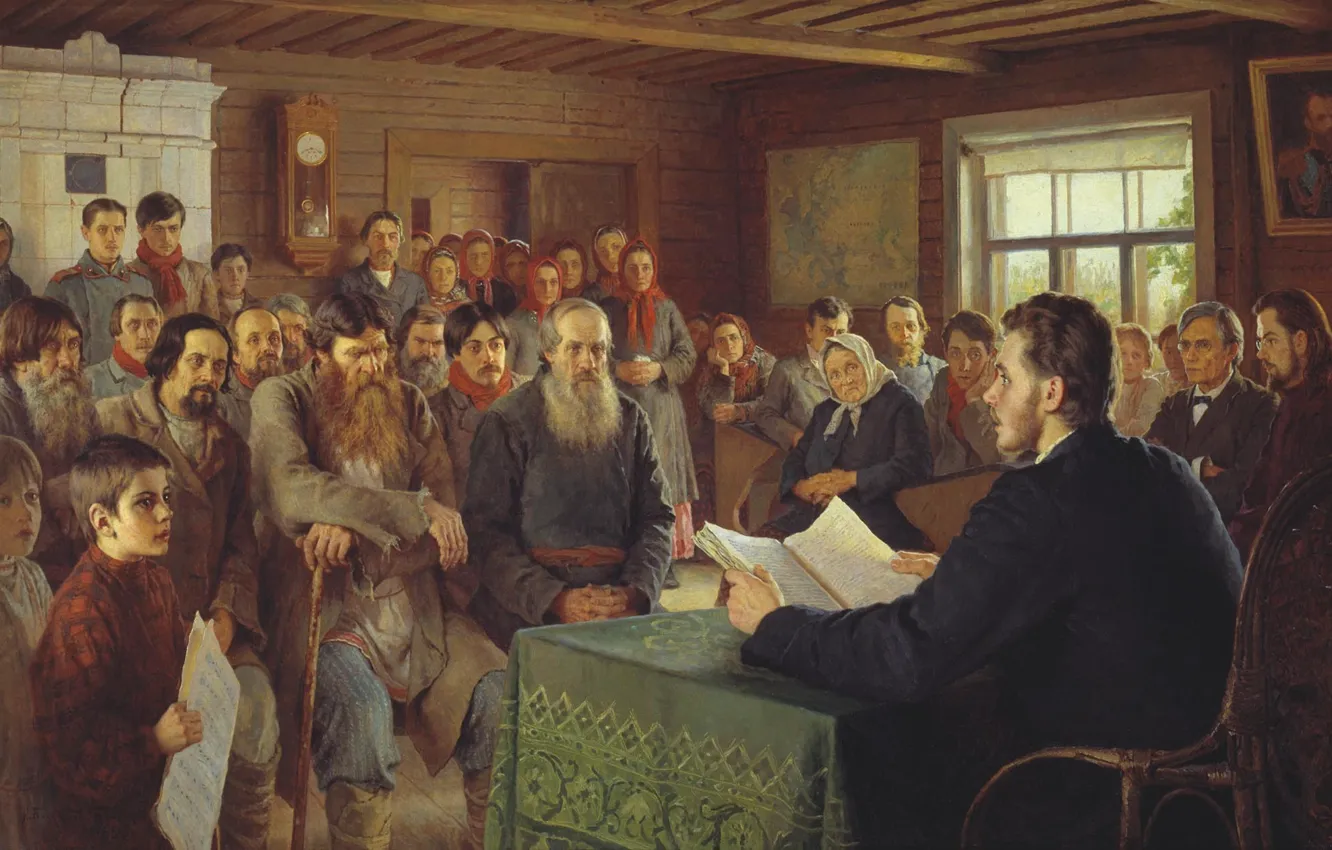 Фото обои масло, холст, Николай БОГДАНОВ-БЕЛЬСКИЙ, 1895, (1868 — 1945), Воскресное чтение в сельской школе