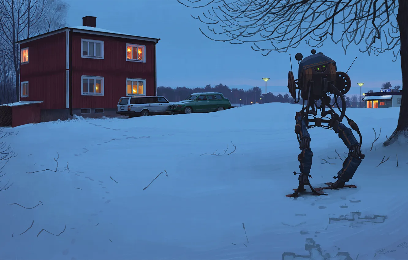 Фото обои снег, деревья, следы, дом, ветви, робот, вечер, арт