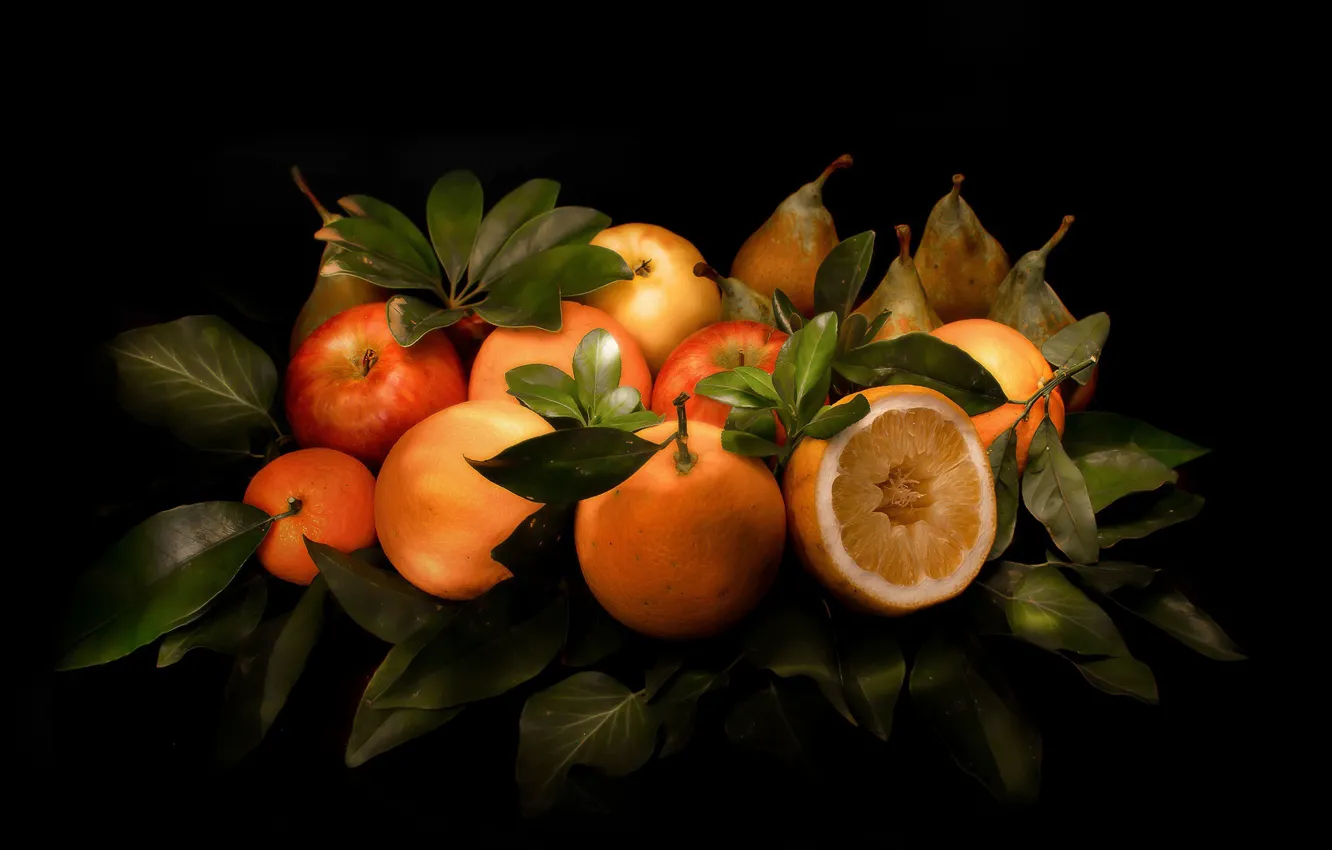 Фото обои листья, яблоко, апельсин, натюрморт, цитрусы, грушa