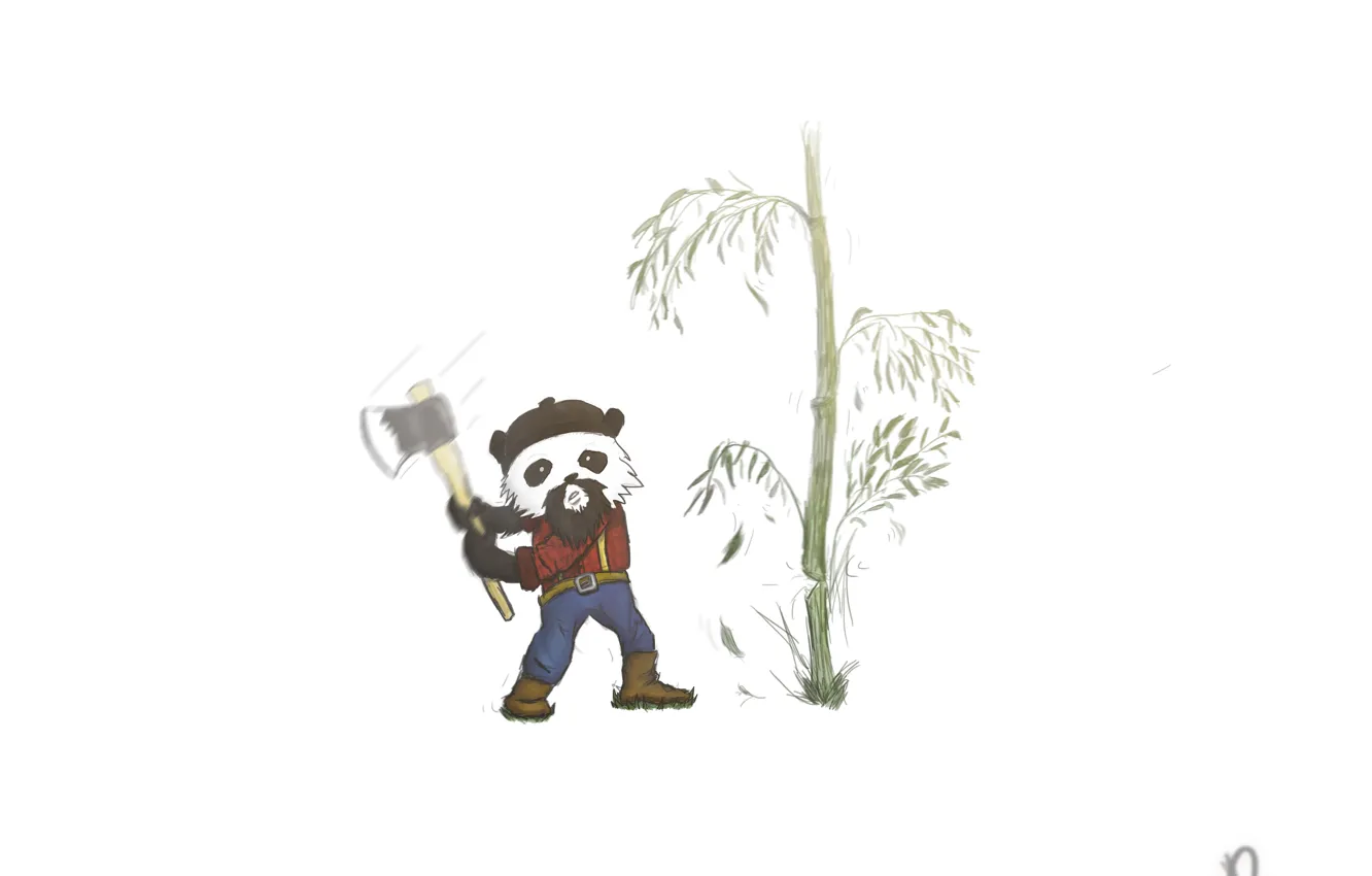 Фото обои рисунок, бамбук, панда, топор, Art, bamboo, panda, дровосек