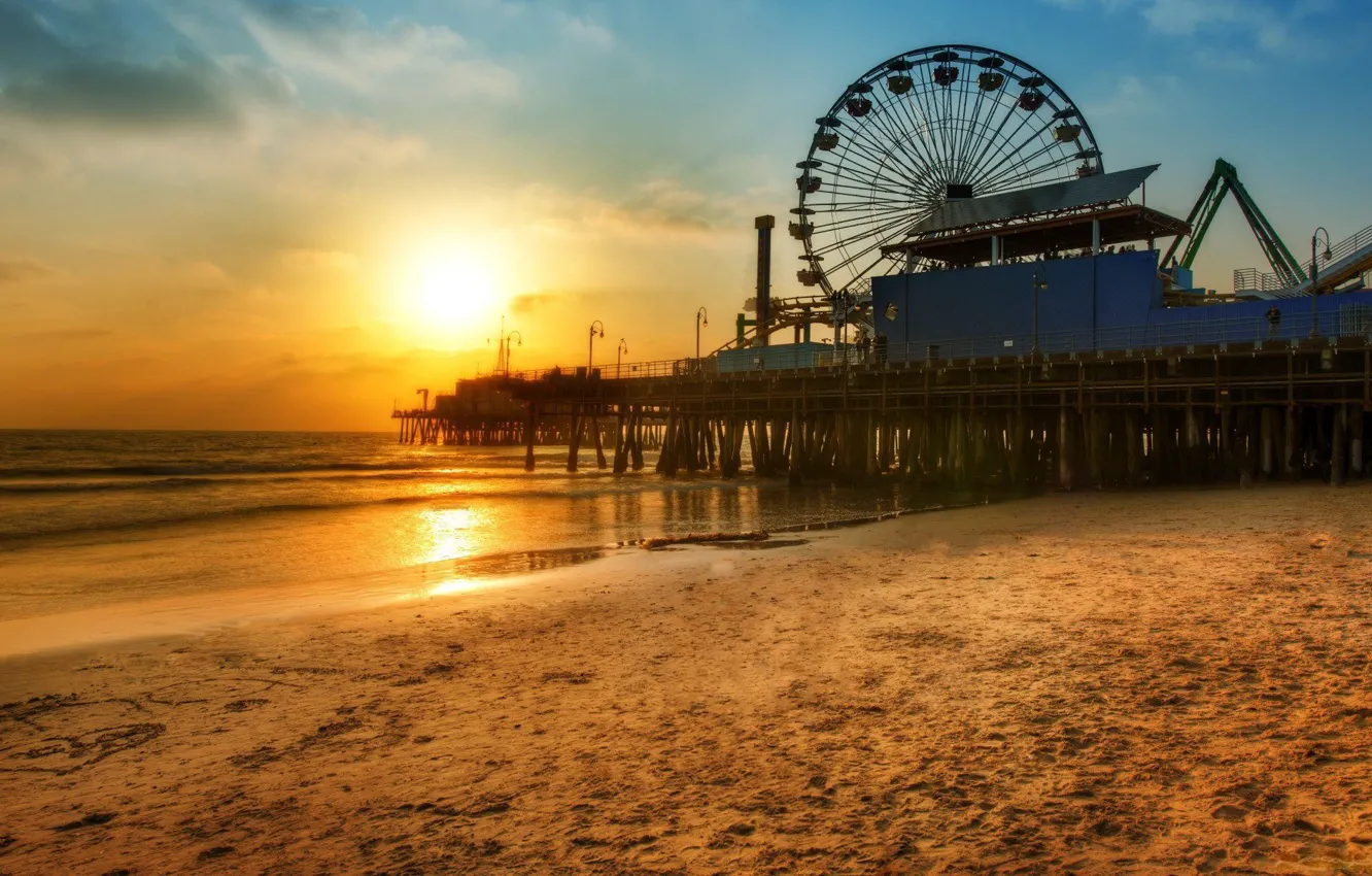 Фото обои пляж, закат, колесо, причал, обозрения, Los Angeles, Santa Monica