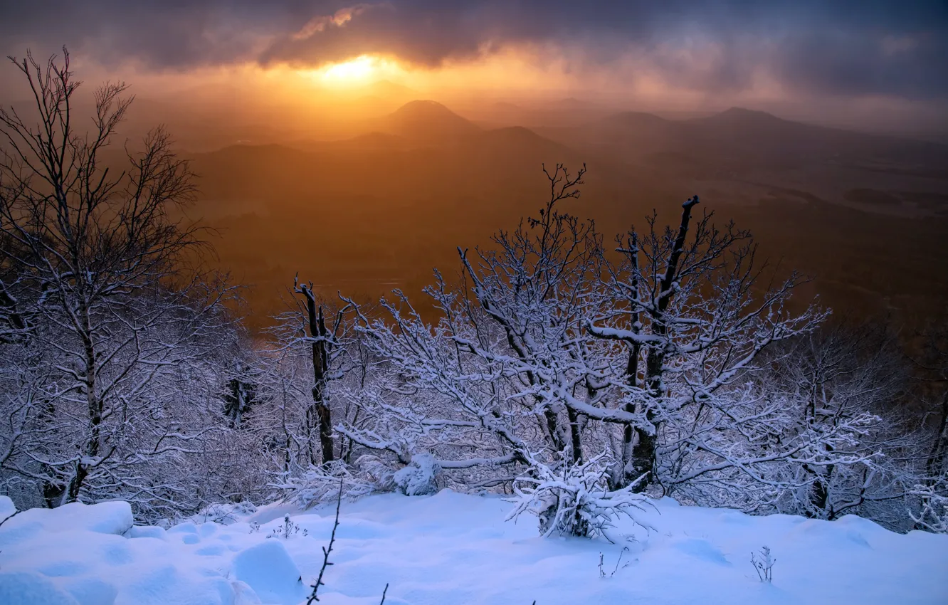 Фото обои снег, закат, горы