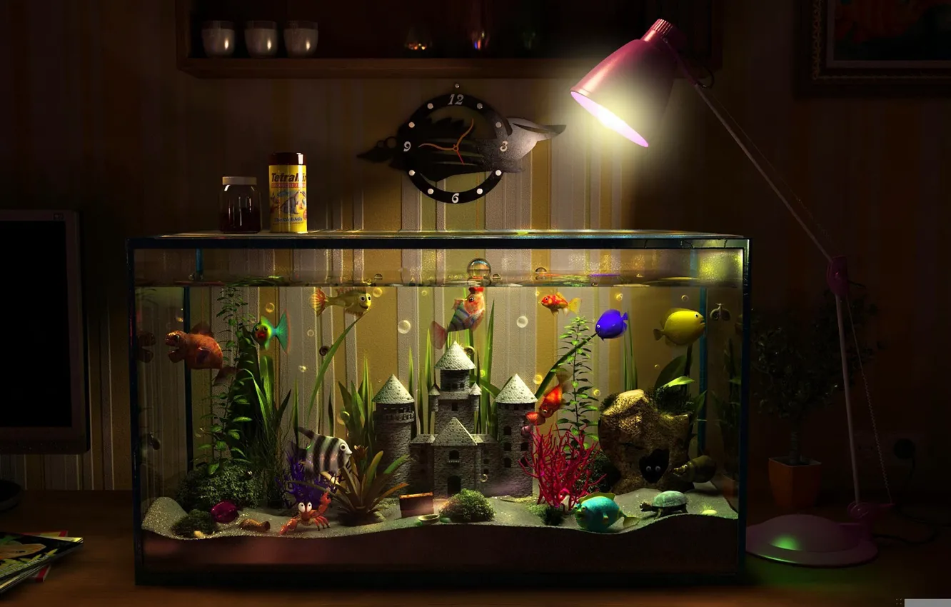 Фото обои рыбки, замок, часы, лампа, аквариум