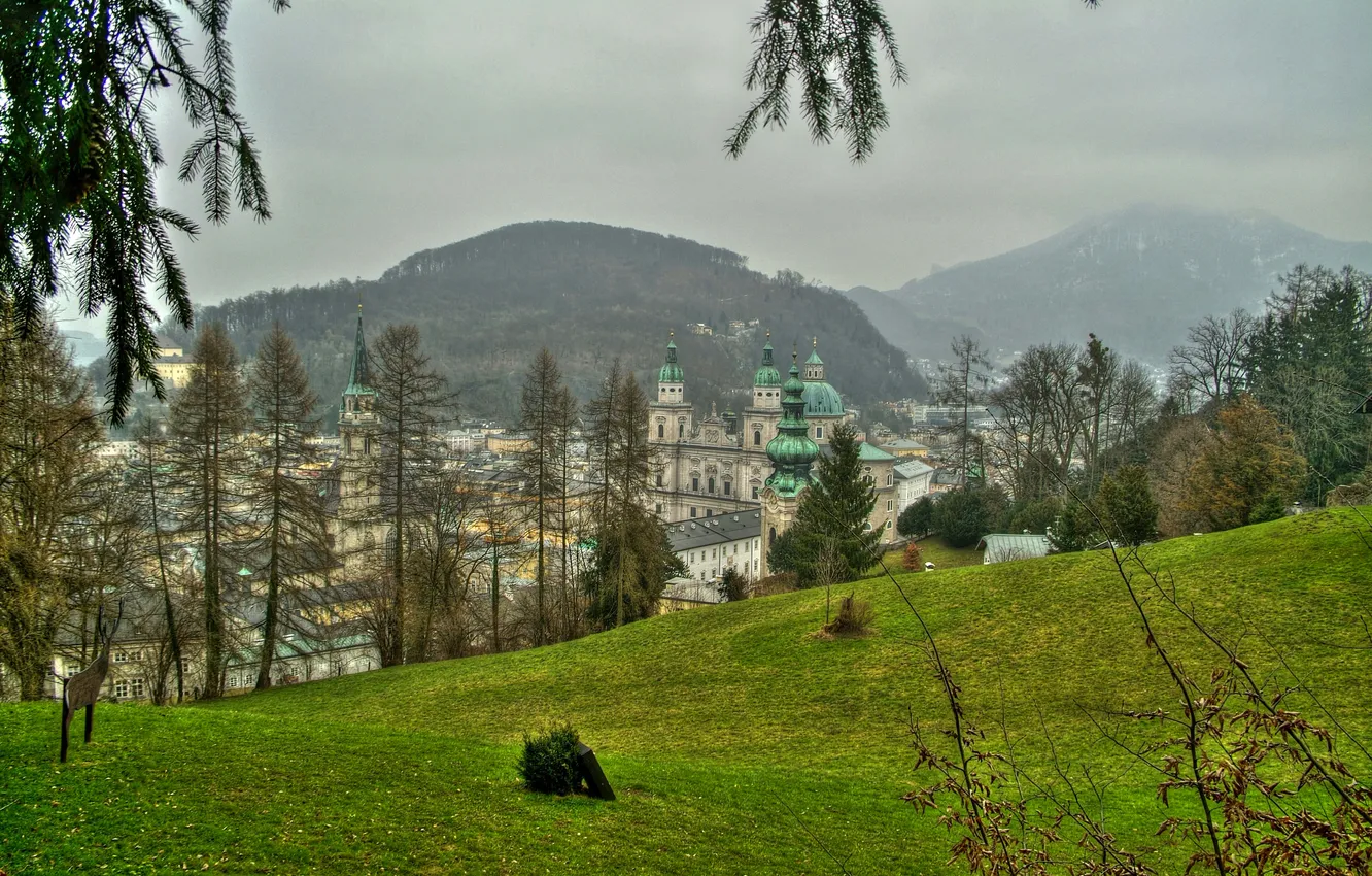 Фото обои трава, деревья, горы, город, дома, Австрия, дымка, Salzburg