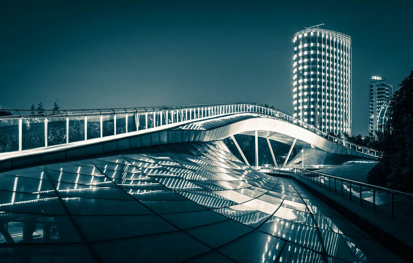 Фото обои мост, отражение, China, Китай, Shanghai, Шанхай, Rainbow Bridge, Lujiazui