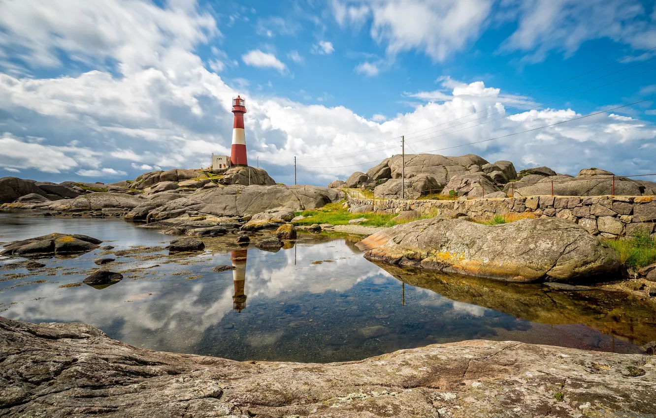 Фото обои отражение, камни, скалы, маяк, Норвегия, Ругаланн