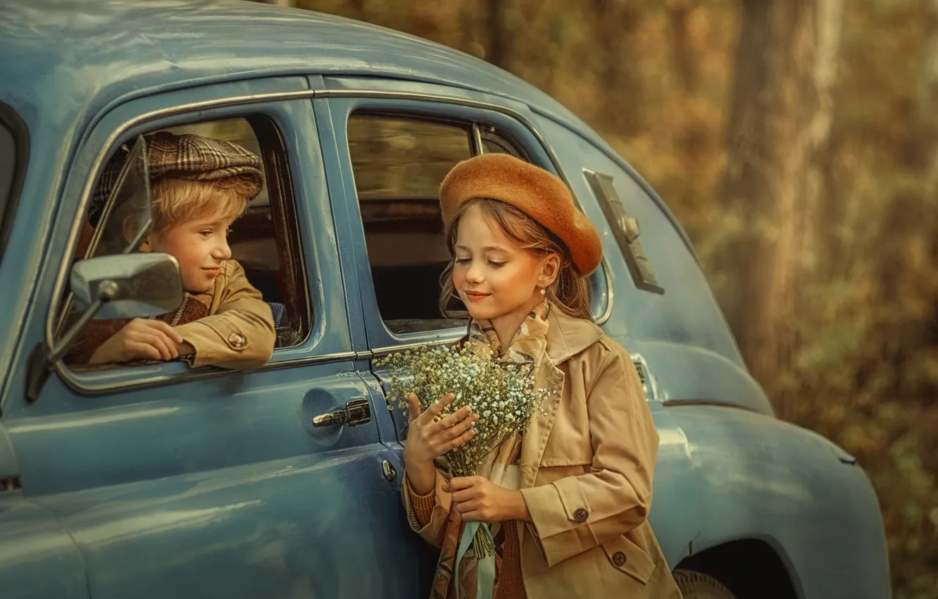 Фото обои машина, ретро, фотосессия, Юлия Щинова, Федор и Миа