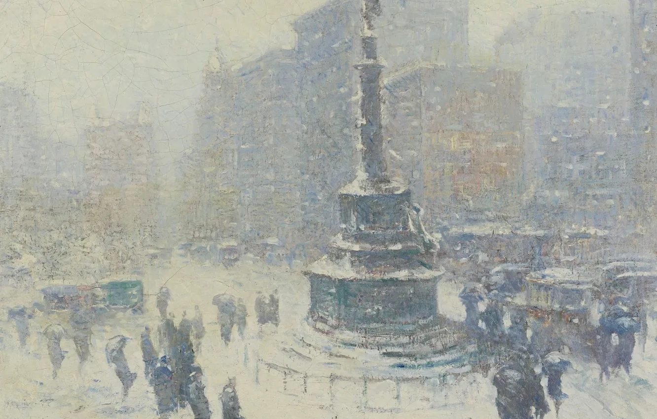 Фото обои зима, картина, площадь, городской пейзаж, Guy Carleton Wiggins, Колумбус-Серкл. Нью-Йорк