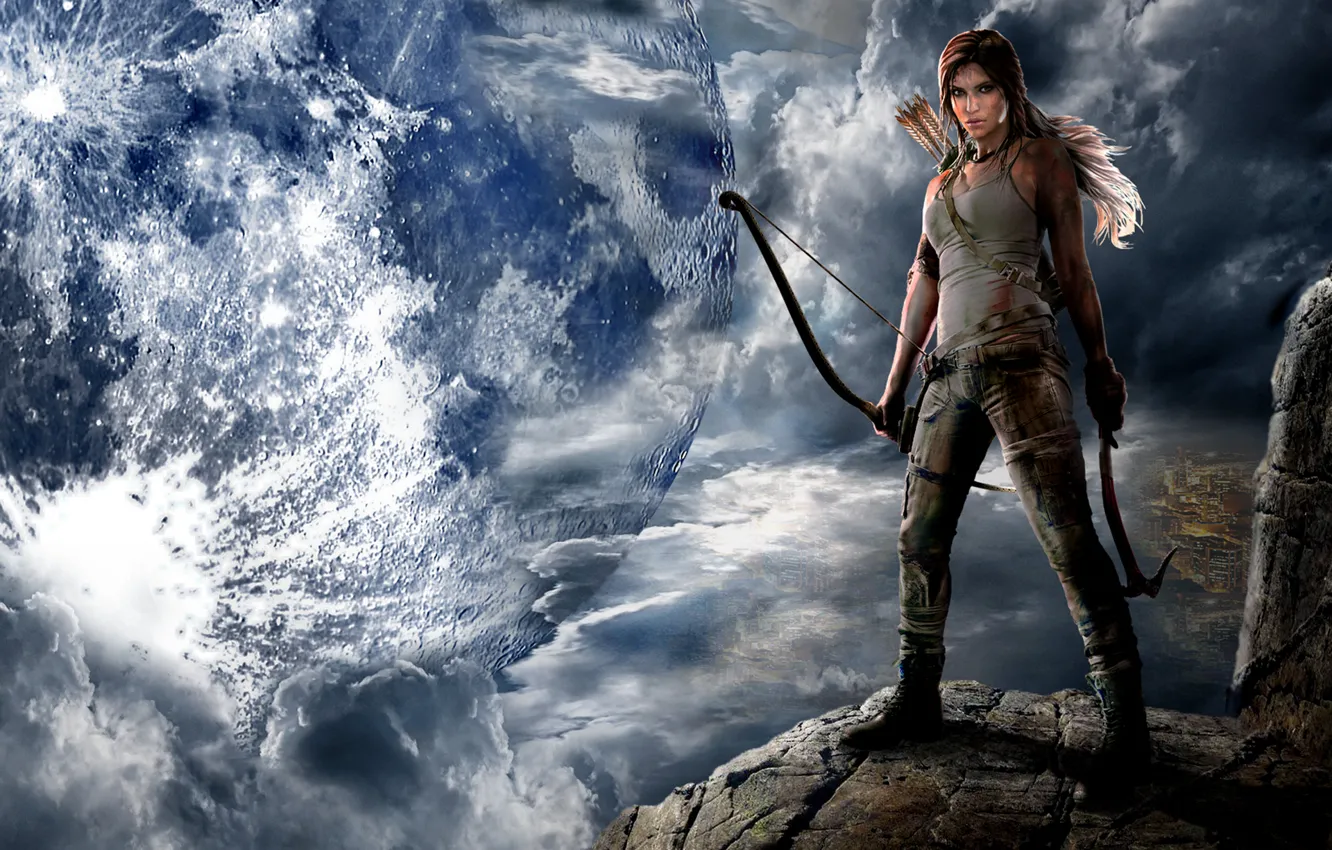 Фото обои взгляд, девушка, игры, луна, Tomb Raider, Lara Croft
