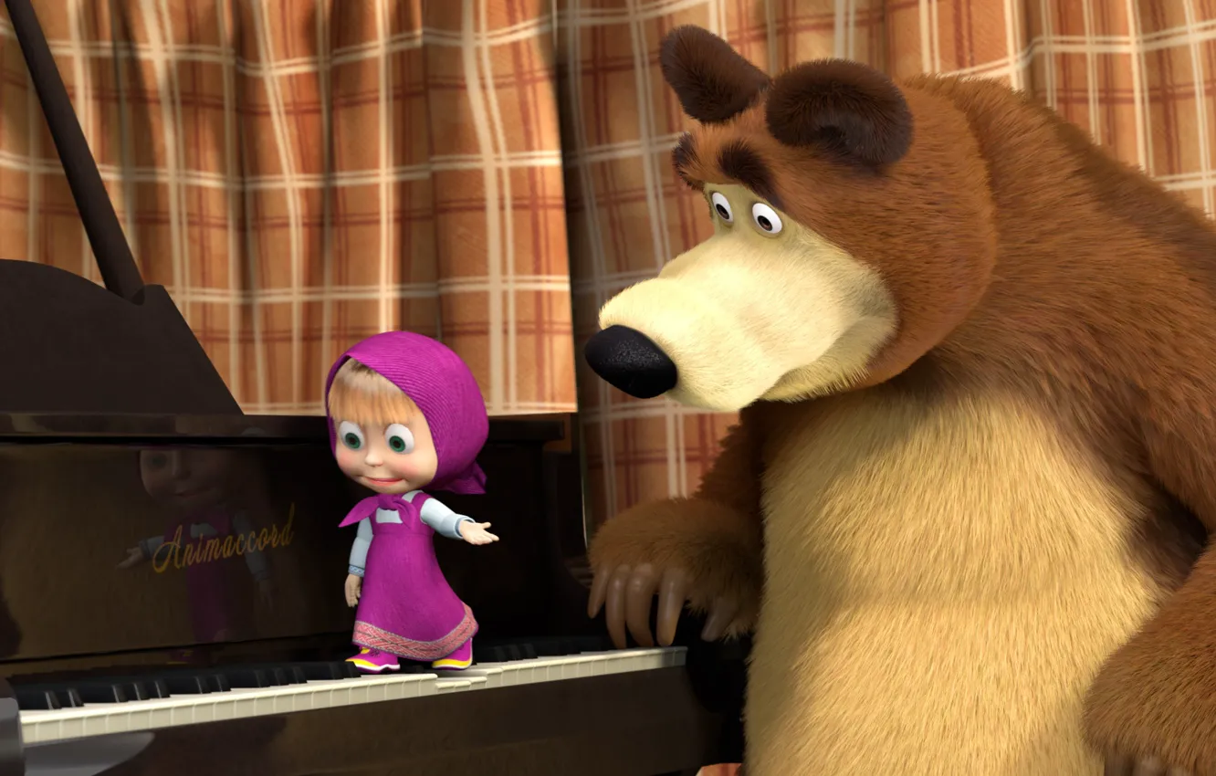 Фото обои мультфильм, удивление, клавиши, пианино, Маша и медведь