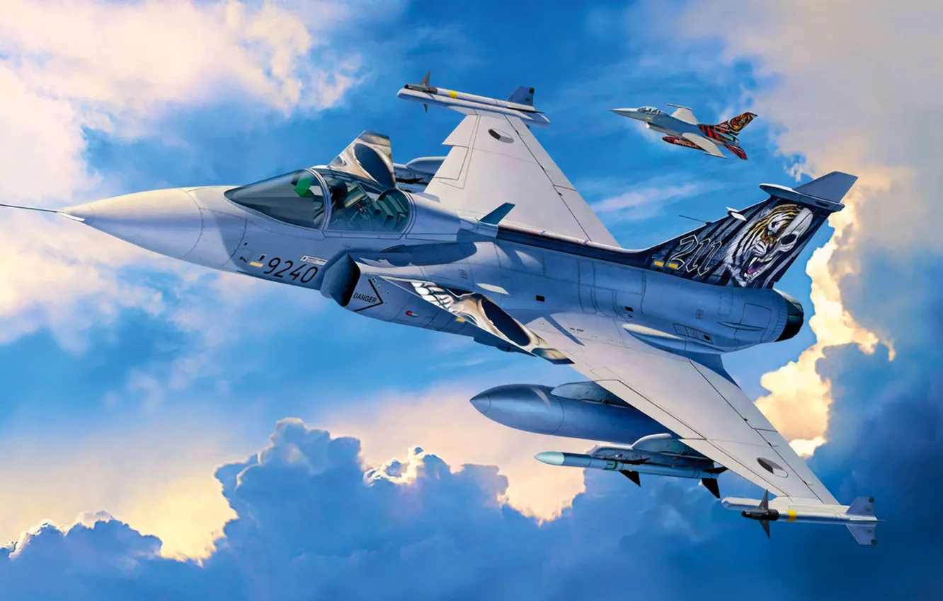 Фото обои fighter, war, art, airplane, painting, aviaiton, Saab JAS-39C GRIPEN.jet