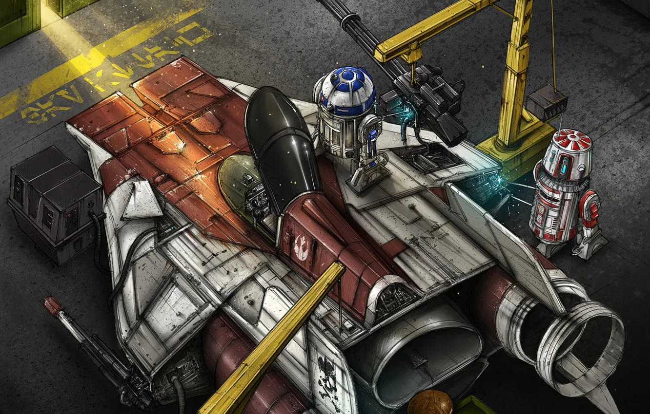Фото обои Рисунок, Истребитель, Star Wars, R2D2, Art, Звездные Войны, Illustration, R2-D2