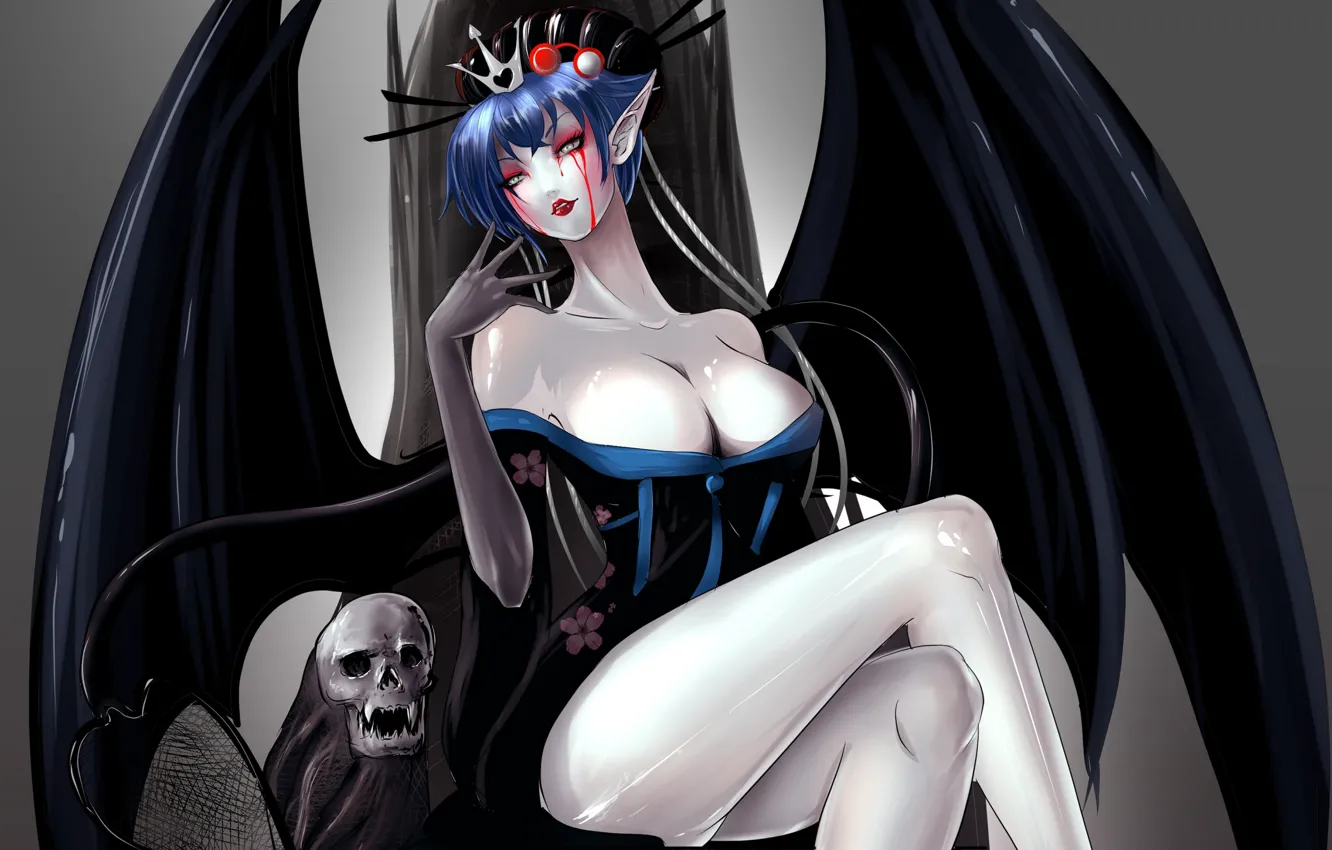 Фото обои demon, skull, cleavage, female