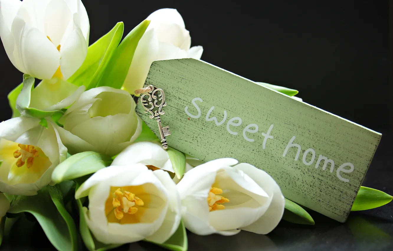 Фото обои букет, весна, тюльпаны, белые, tulips, ключик