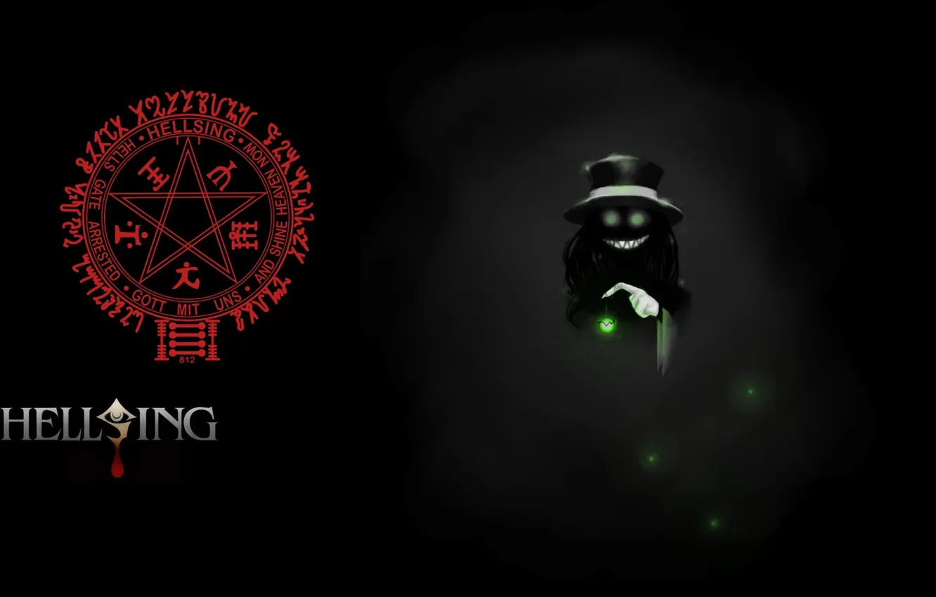 Фото обои светлячки, символы, вампир, Hellsing, пентаграмма, Alucard, горящие глаза, во тьме