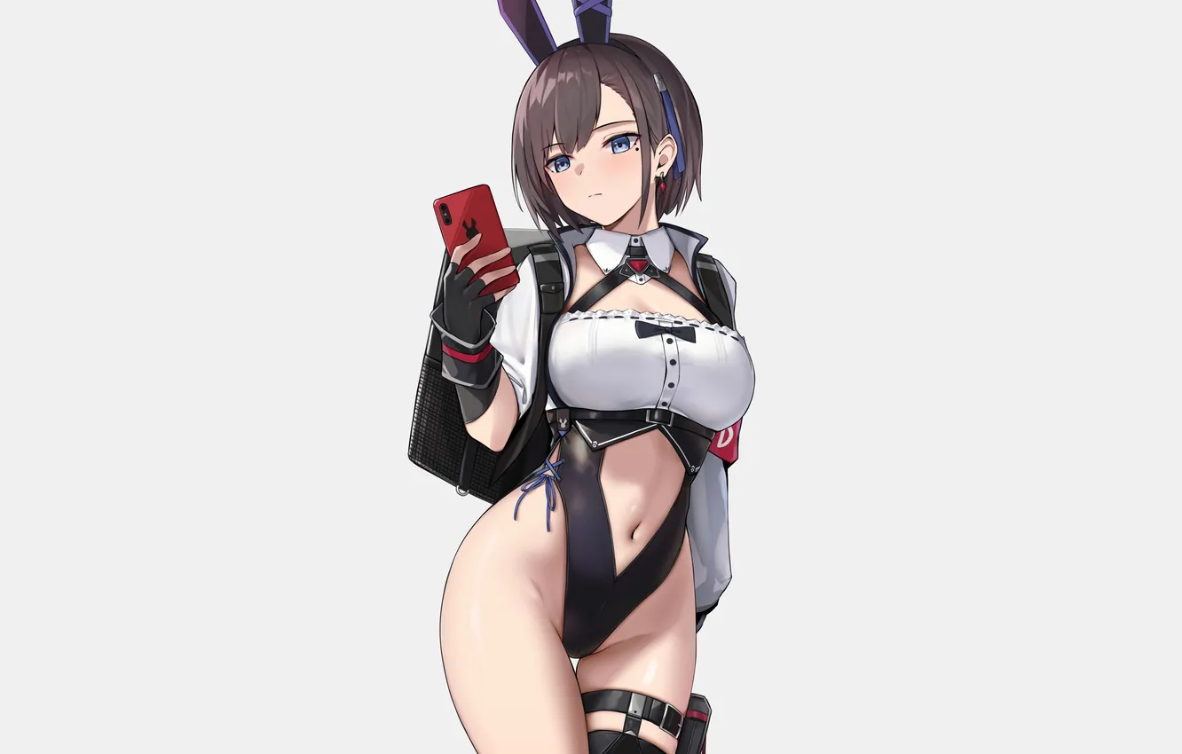 Фото обои girl, sexy, brown hair, boobs, anime, blue eyes, beautiful, short hair