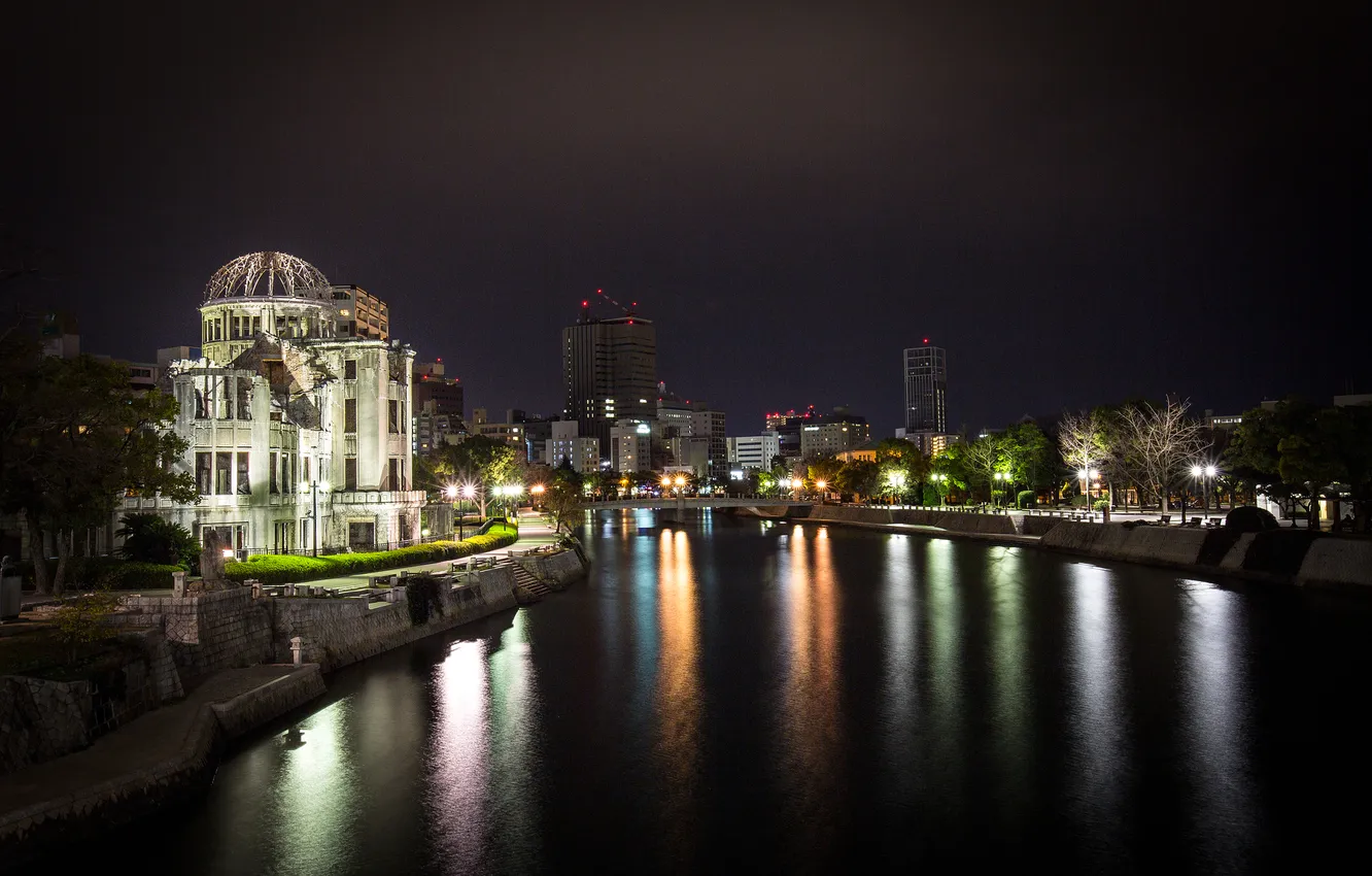 Фото обои ночь, огни, дома, Япония, мемориал, Хиросима