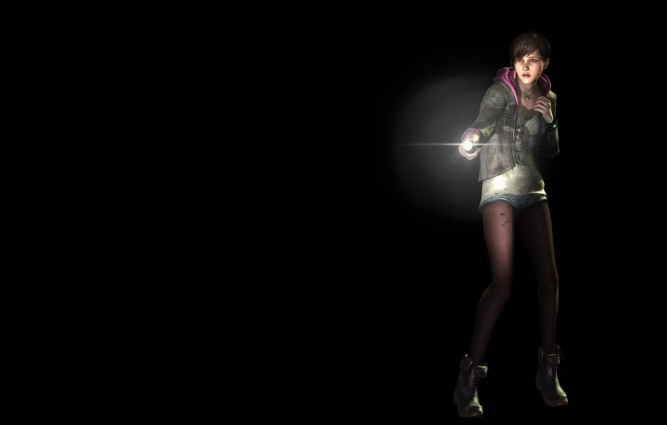 Фото обои девушка, свет, испуг, игра, фонарик, черный фон, Moira, Resident Evil Revelations 2