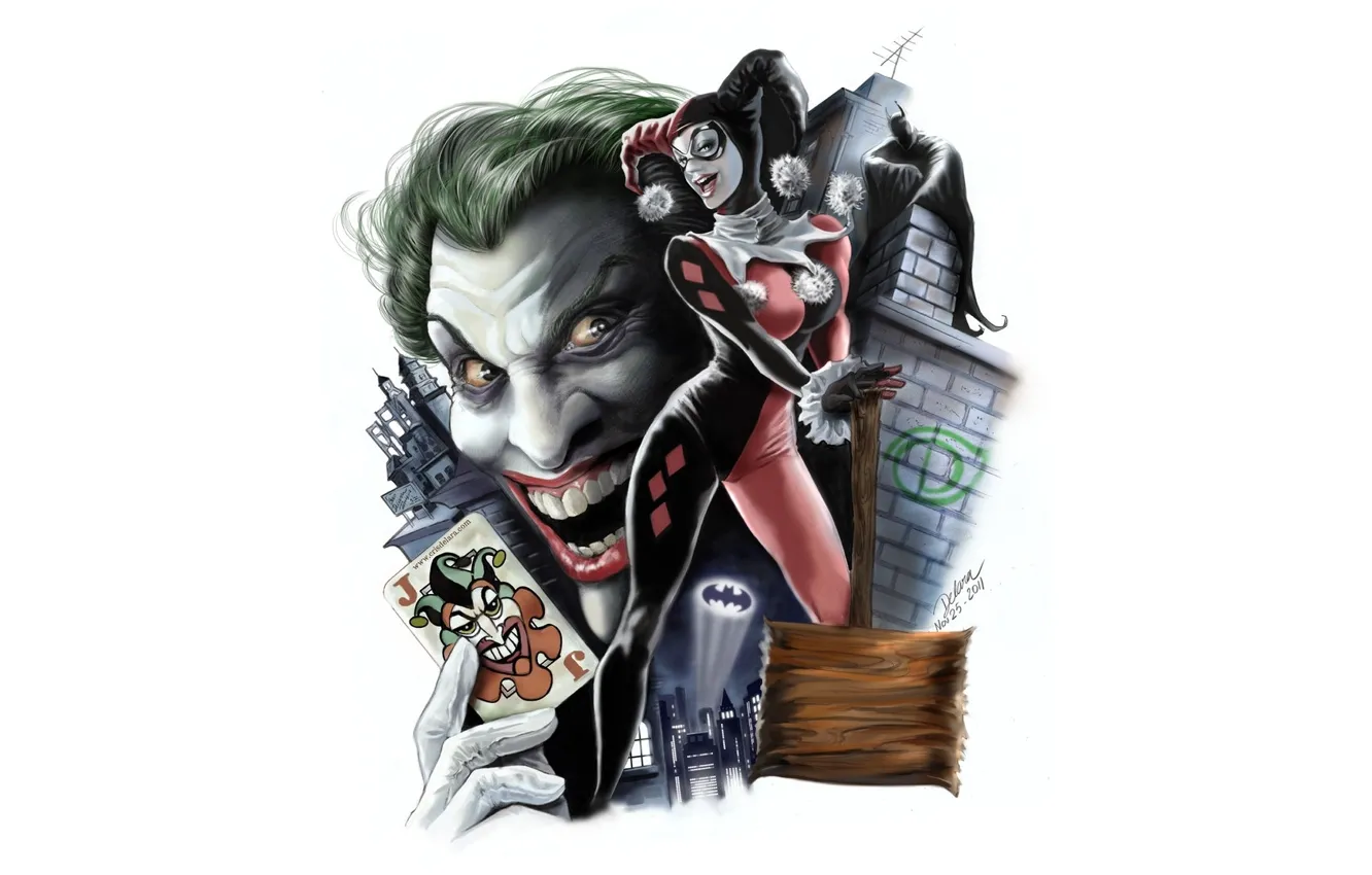 Фото обои фон, арт, Джокер, Batman, art, Бетмен, Joker, Харли Квинн