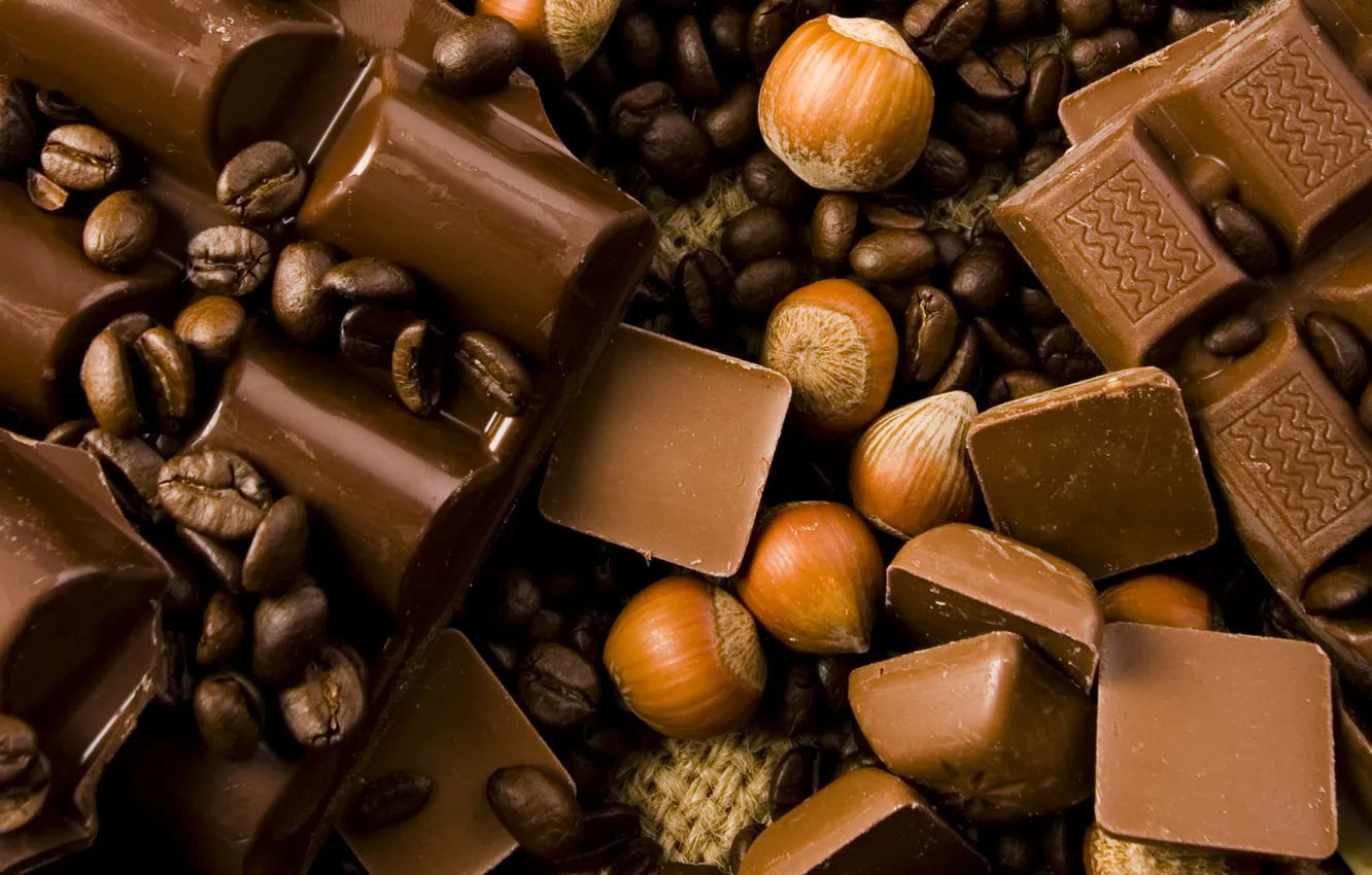 Фото обои шоколад, кофейные зерна, сладкое, chocolate, sweet, лесной орех