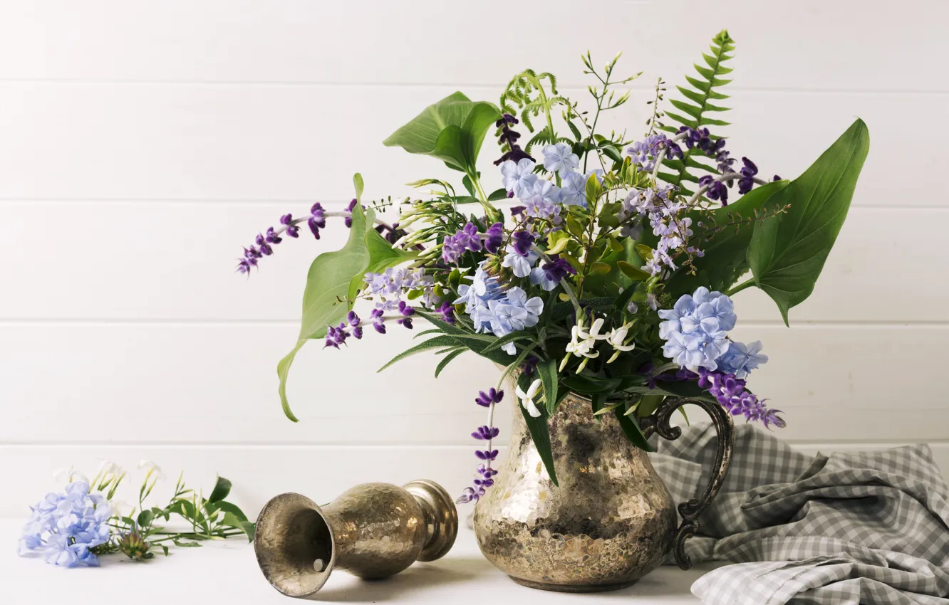 Фото обои цветы, стол, букет, ваза, кувшин, композиция, Bouquet