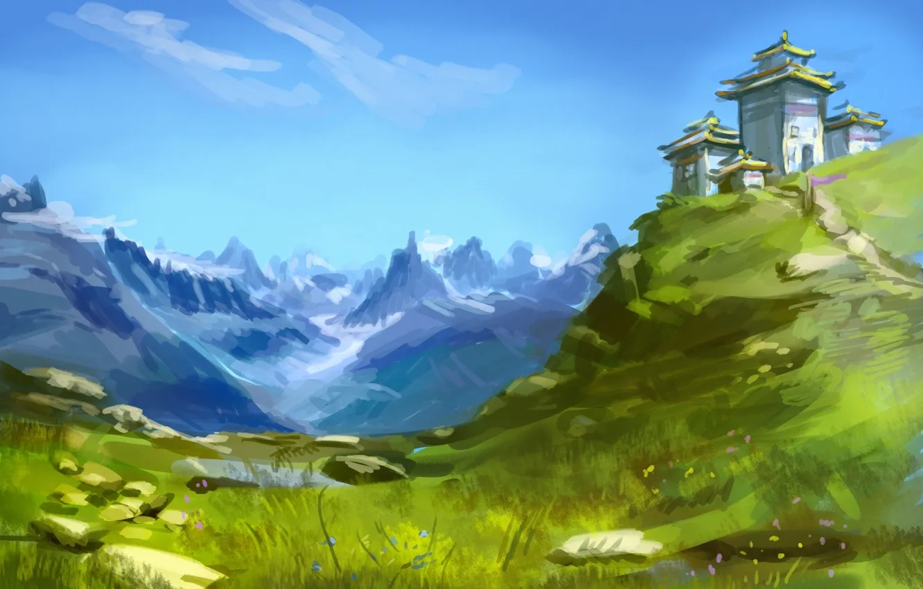 Фото обои трава, пейзаж, горы, дом, здание, холм, арт