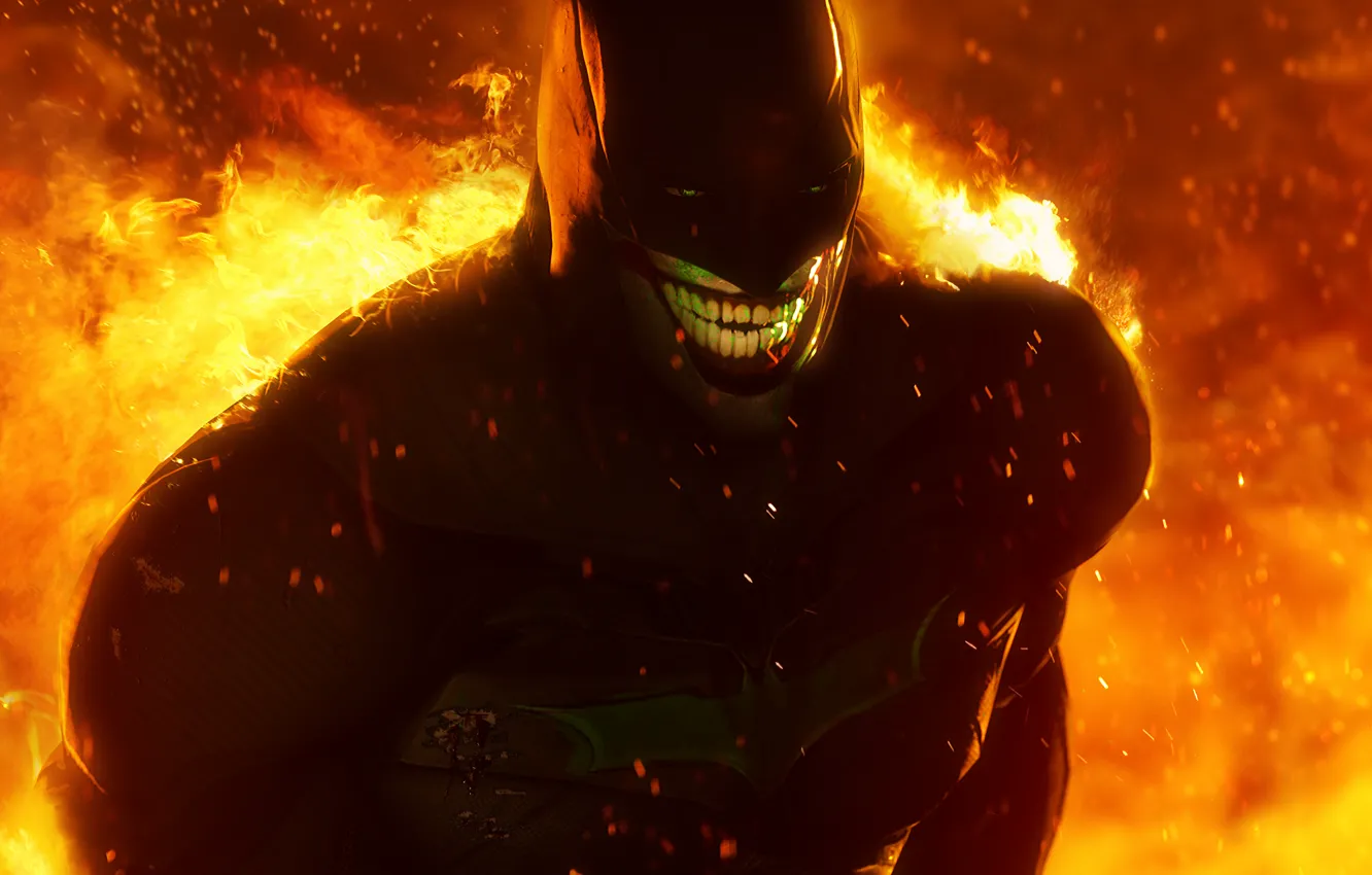 Фото обои улыбка, огонь, batman, маска, joker, fan art