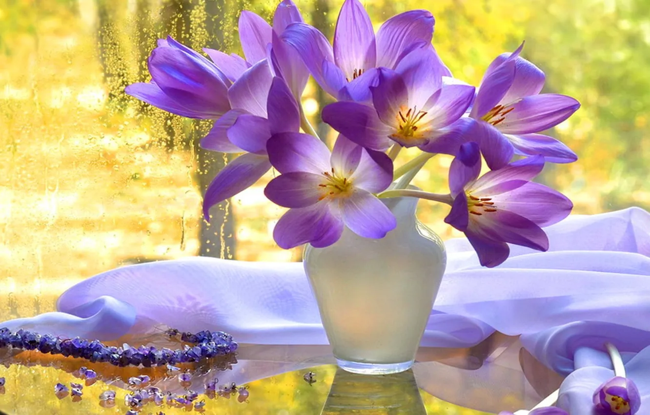 Фото обои autumn, view, harmony, window, vase, bouquet, beautiful flowers