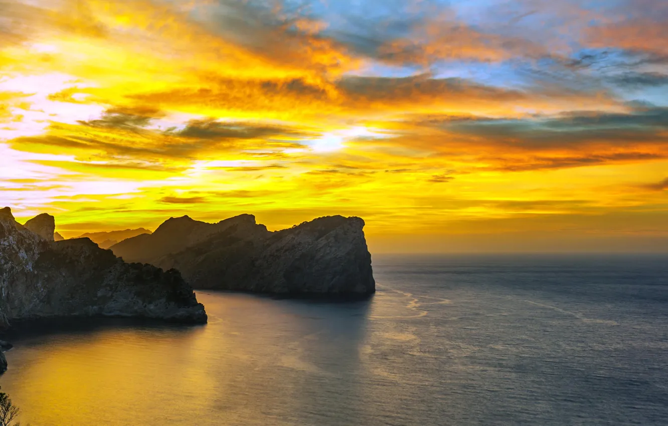Фото обои море, закат, скалы, побережье, панорама, Испания, Spain, Средиземное море