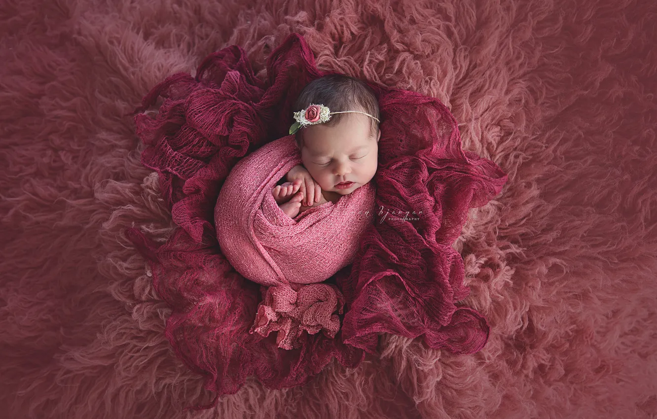 Фото обои розовый, сон, девочка, мех, младенец