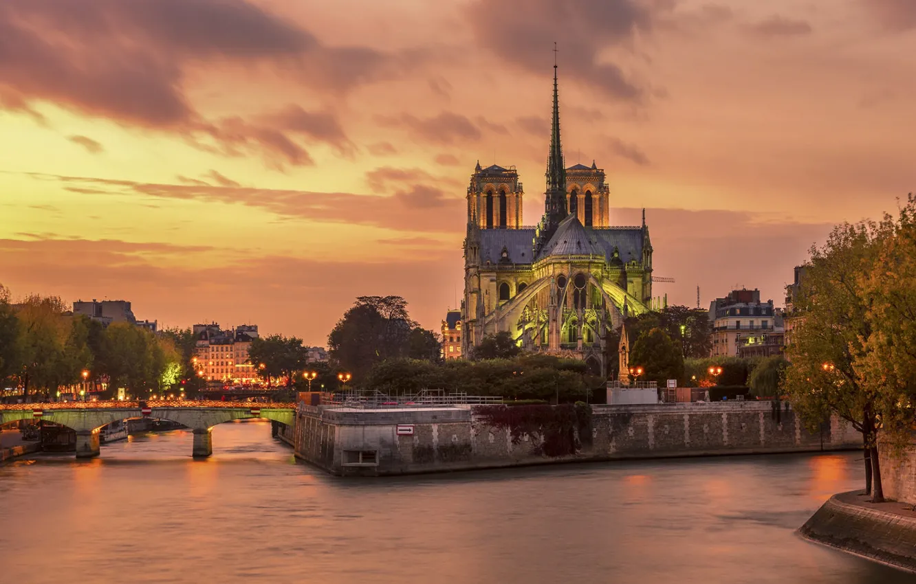 Фото обои вечер, Сена, Paris, Собор Парижской Богоматери, France, Notre Dame