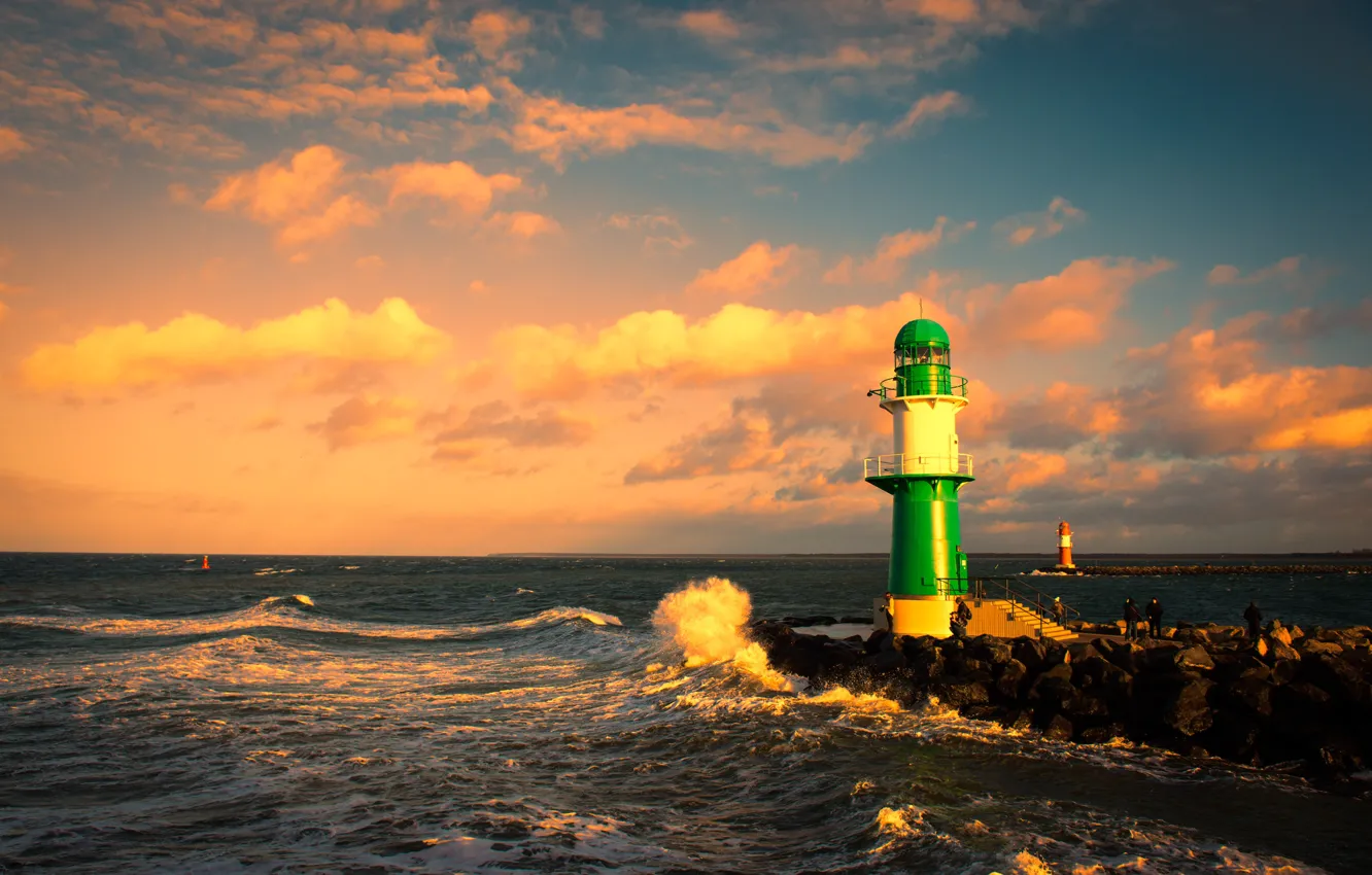 Фото обои море, волны, пейзаж, закат, природа, камни, маяк, Германия