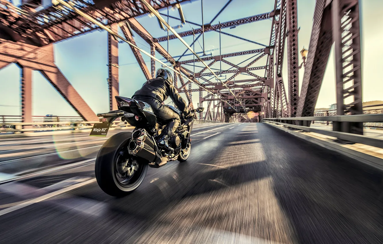Фото обои Kawasaki, road, bridge, motorcycle, Ninja, rear view, Kawasaki Ninja H2