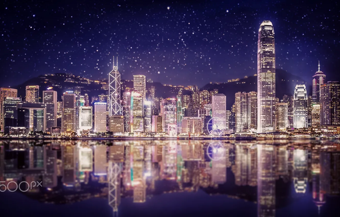 Фото обои ночь, город, огни, Китай, Гонг Конг