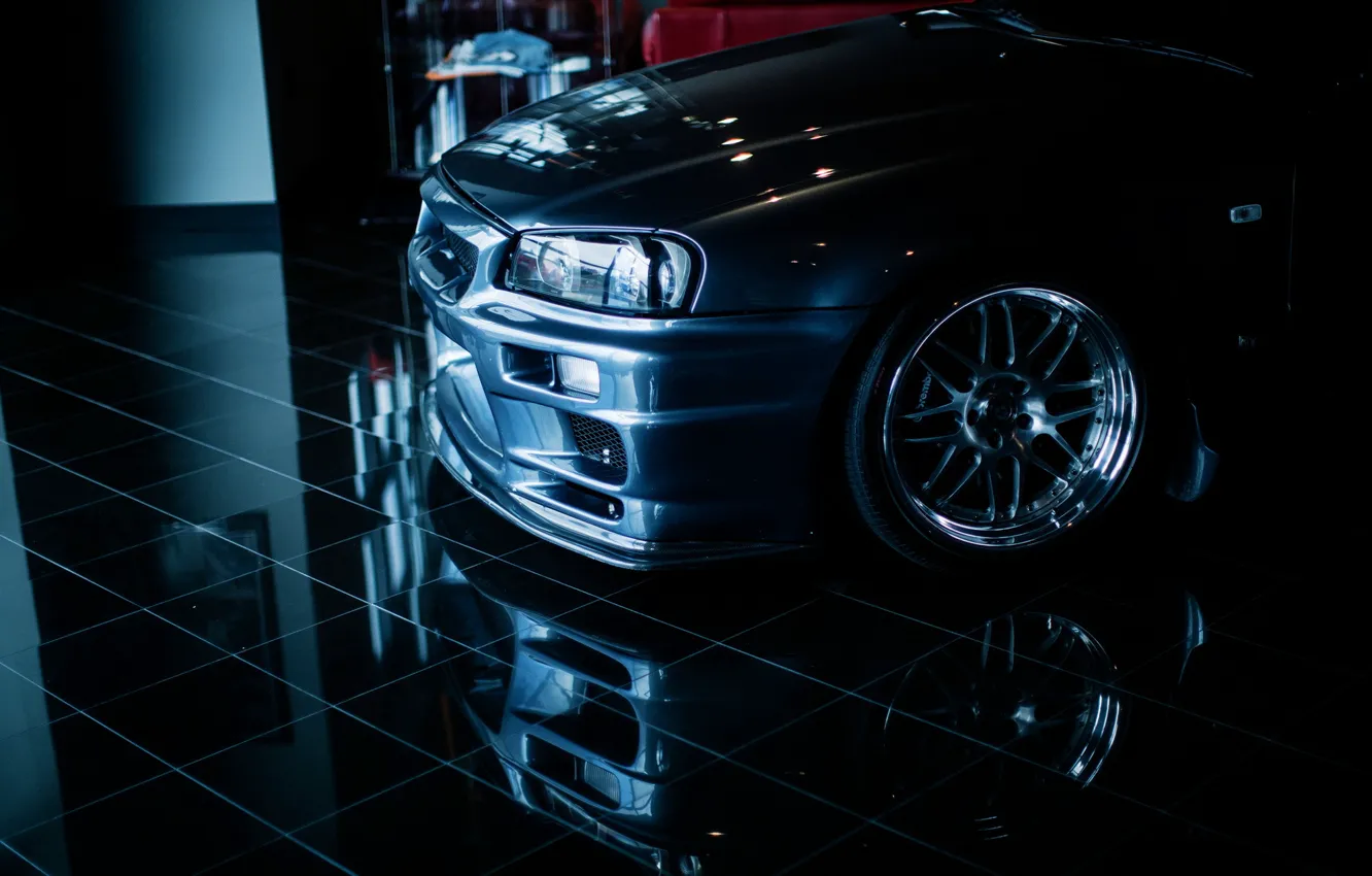 Фото обои отражение, тюнинг, ниссан, nissan skyline, r34