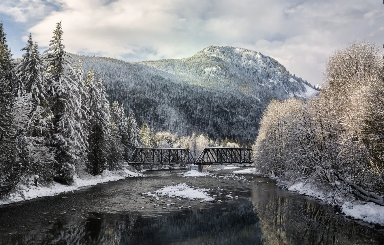 Фото обои зима, снег, пейзаж, горы, мост, природа, озеро, красота