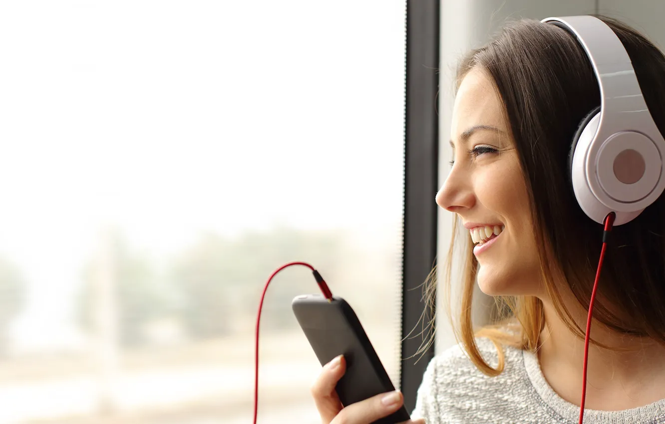 Фото обои woman, headphones, phone, listening to music