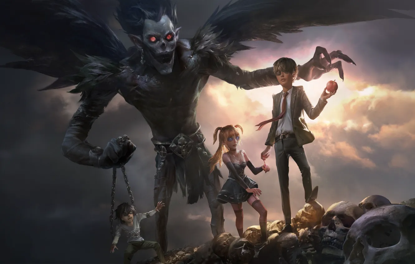 Фото обои девушка, фэнтези, черепа, парни, Death Note, Light Yagami, Ryuk, бог смерти