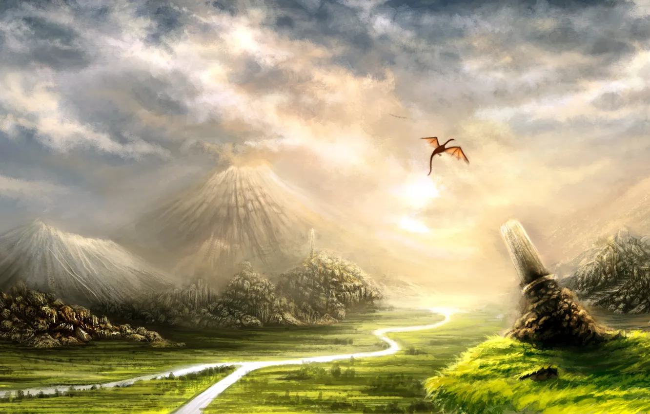 Фото обои зелень, солнце, горы, река, дракон, долина, арт, колонны