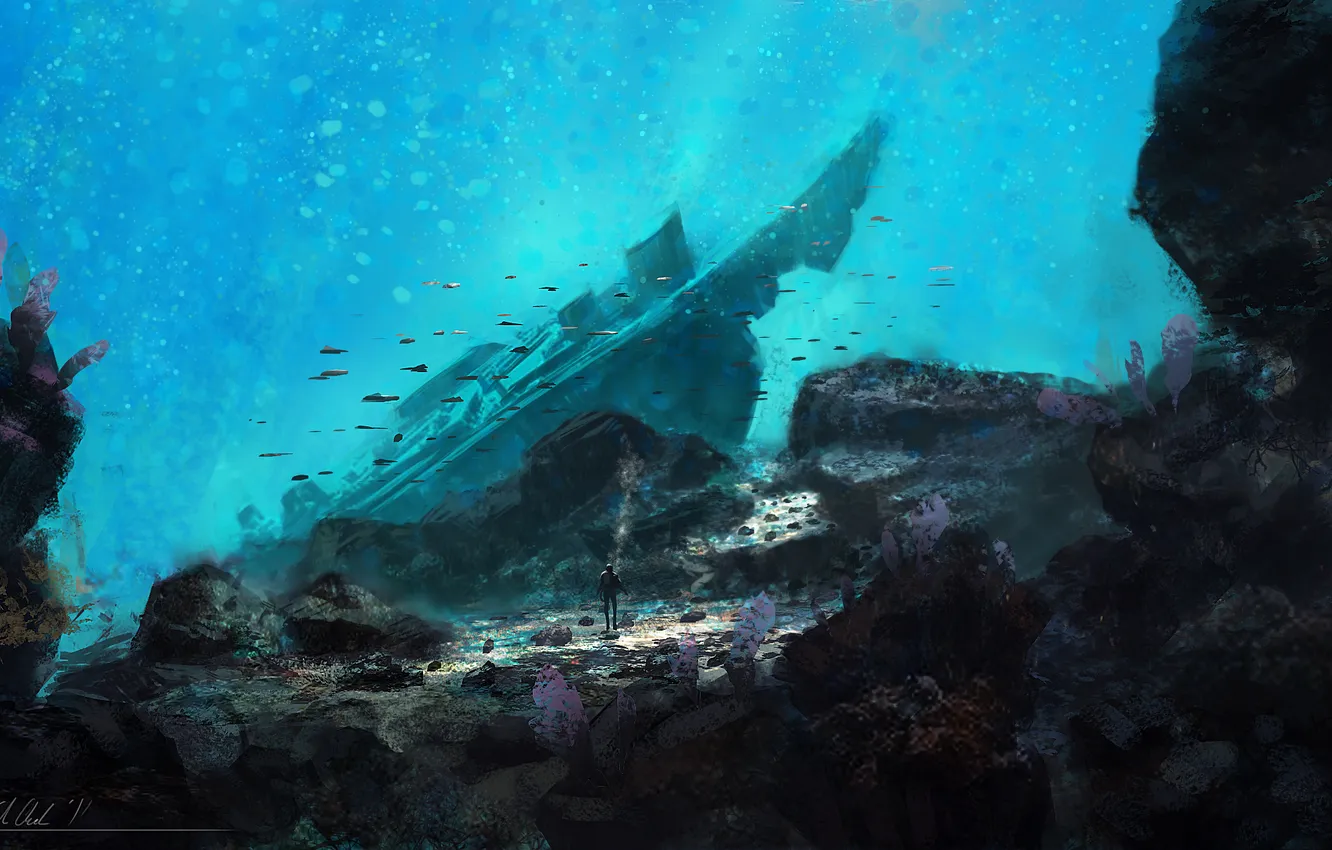 Фото обои вода, камни, человек, глубина, арт, themed paintings under the sea