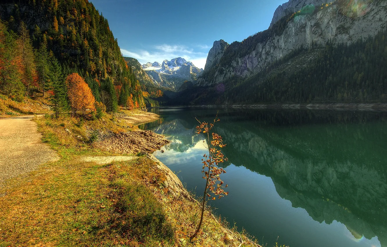 Фото обои осень, горы, озеро, холмы