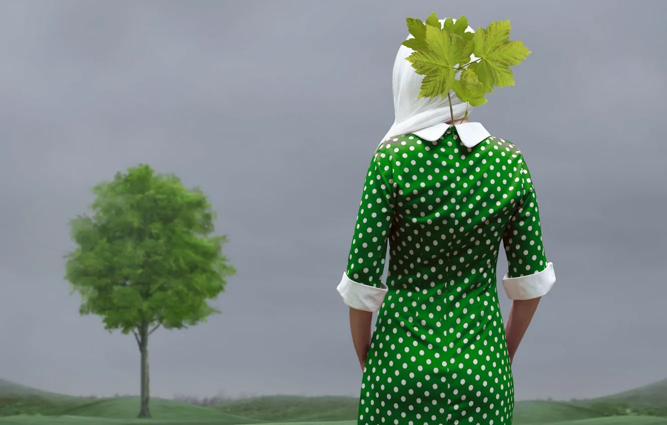 Фото обои листья, девушка, деревья